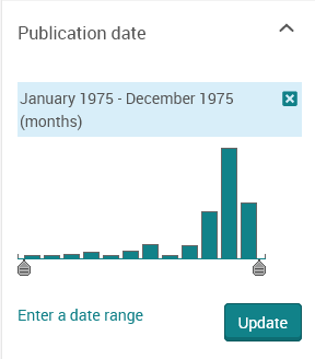 Image of publication date filter from Proquest Australian Newspapers Collection database. Filter is set to narrow search range from January 1975 to December 1975.