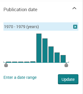 Image of publication date filter from Proquest Australian Newspapers Collection database. Filter is set to narrow search range to the 1970s.