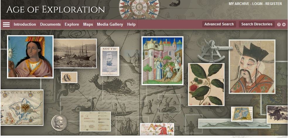 Home page of the online database Age of Exploration, with images boxes depicting maps and figures in exploration history.