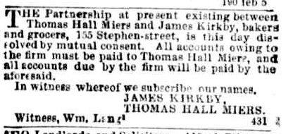 Legal notice of a business partnership dissolving from the Argus, 1855.