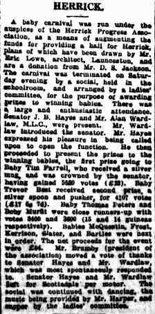 Screenshot of a newspaper article with the title Herrick. Describes a baby carnival run by the Herrick Progress Association. 