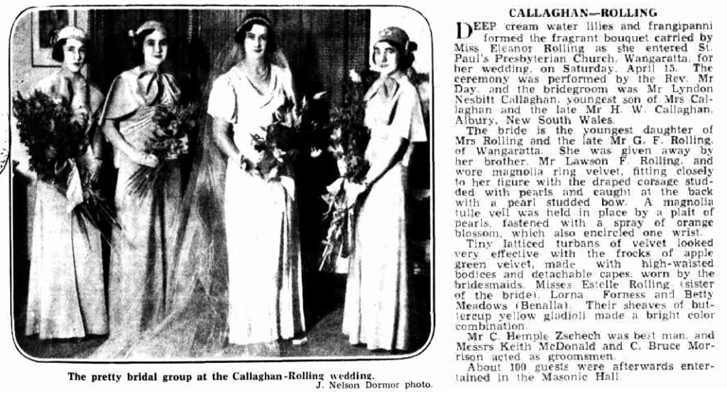 Picture and description of the Callaghan - Rolling wedding in Table Talk newspaper, 1933.