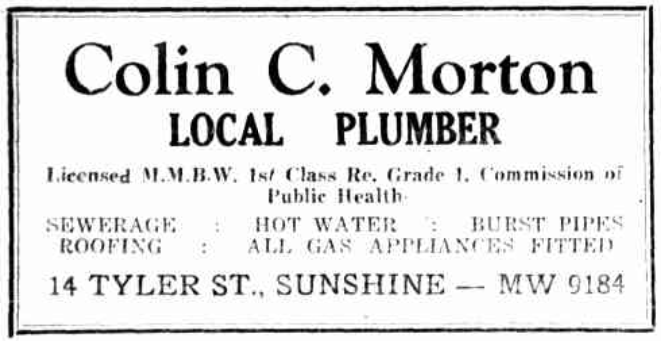 Advertisement for a local plumber in Sunshine
