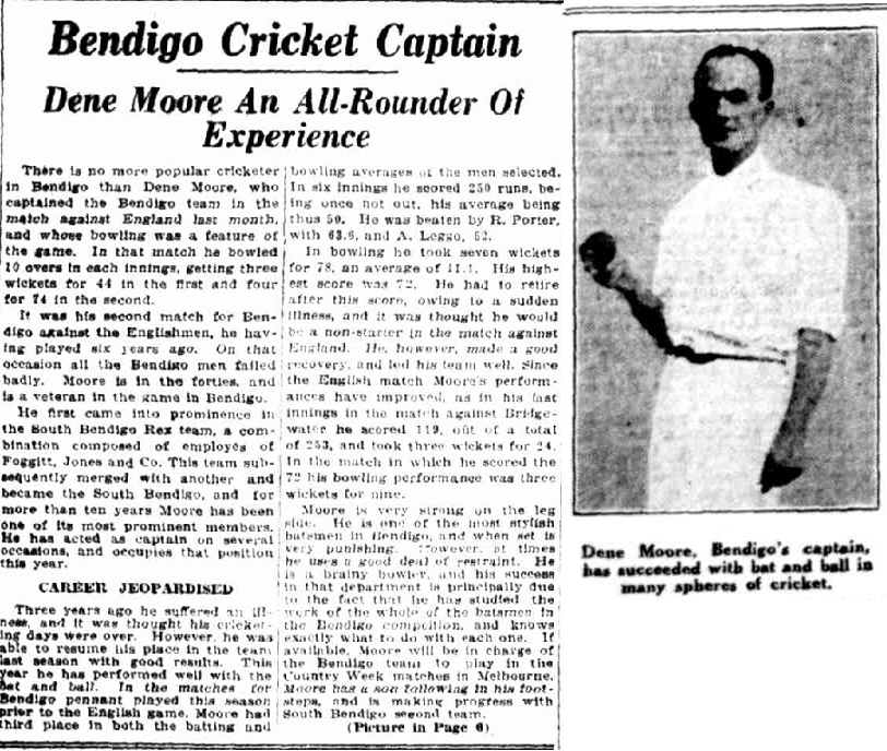 Article about Dene Moore, Bendigo cricketer, from the Sporting Globe, 1929.