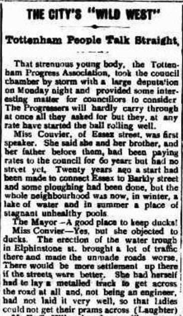 Article titled 'The City's "Wild West"' describing a town hall meeting where the Tottenham Progress Association complained about the state of the streets. 