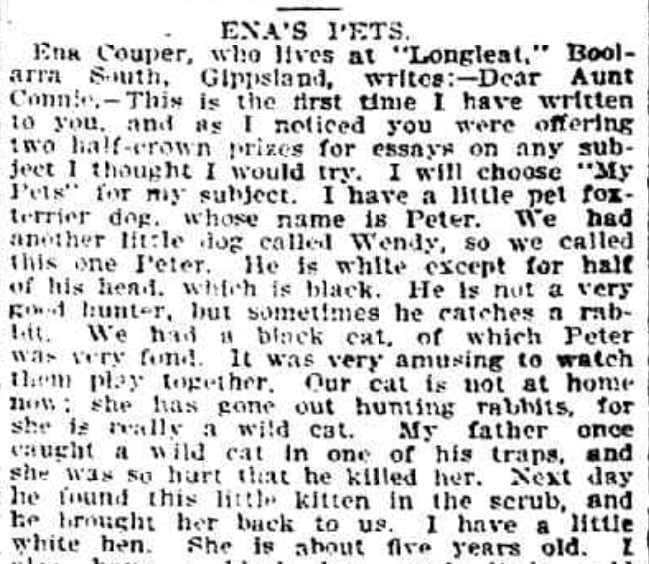 Newspaper article titled 'Ena's pets'. The text describes the various pets owned by a child named Ena. 