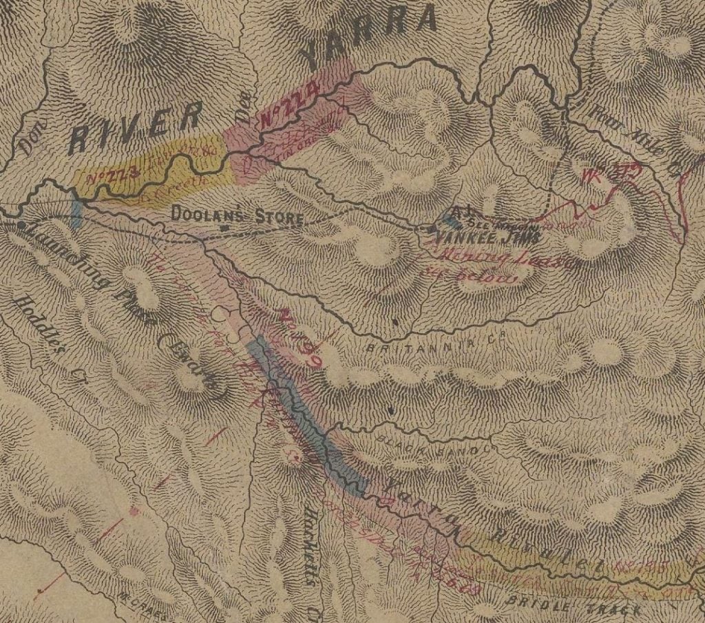 Detail from historic colour map showing location of Doolans Store and Yankee Jim's, as well as contours of hills and rivers