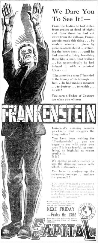 Advertisement for a film titled Frankenstein depicting a monster in a suit holding his arms in the air. 