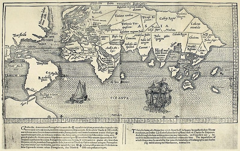 Black and white hand-drawn world map, with two sailing ships in the ocean