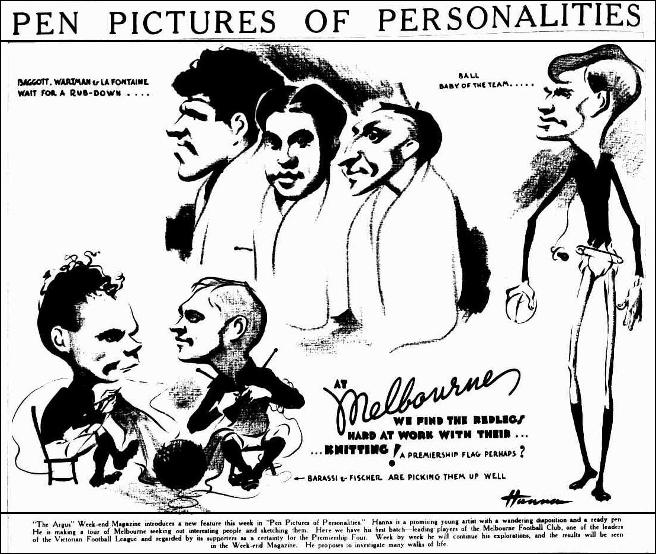 Cartoon titled Pen Pictures of Personalities depicting six football players in a caricature style with large heads.