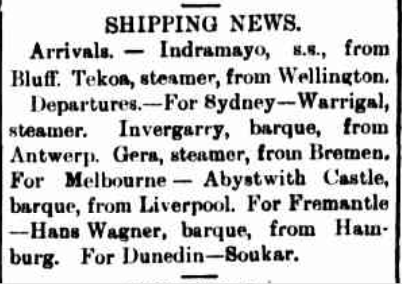 Shipping news, Hobart Mercury, 1898.