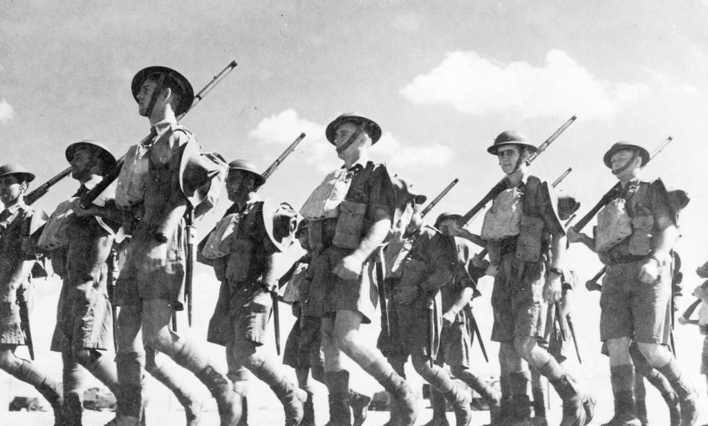 Australian troops walking as a group in Middle East  early World WarII