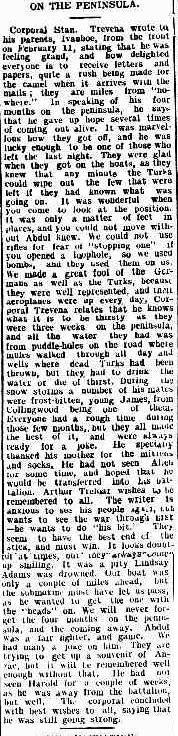 Article titled 'On the Peninsula' describing letters from Corporal Stan Trevena to his parents from the front.  