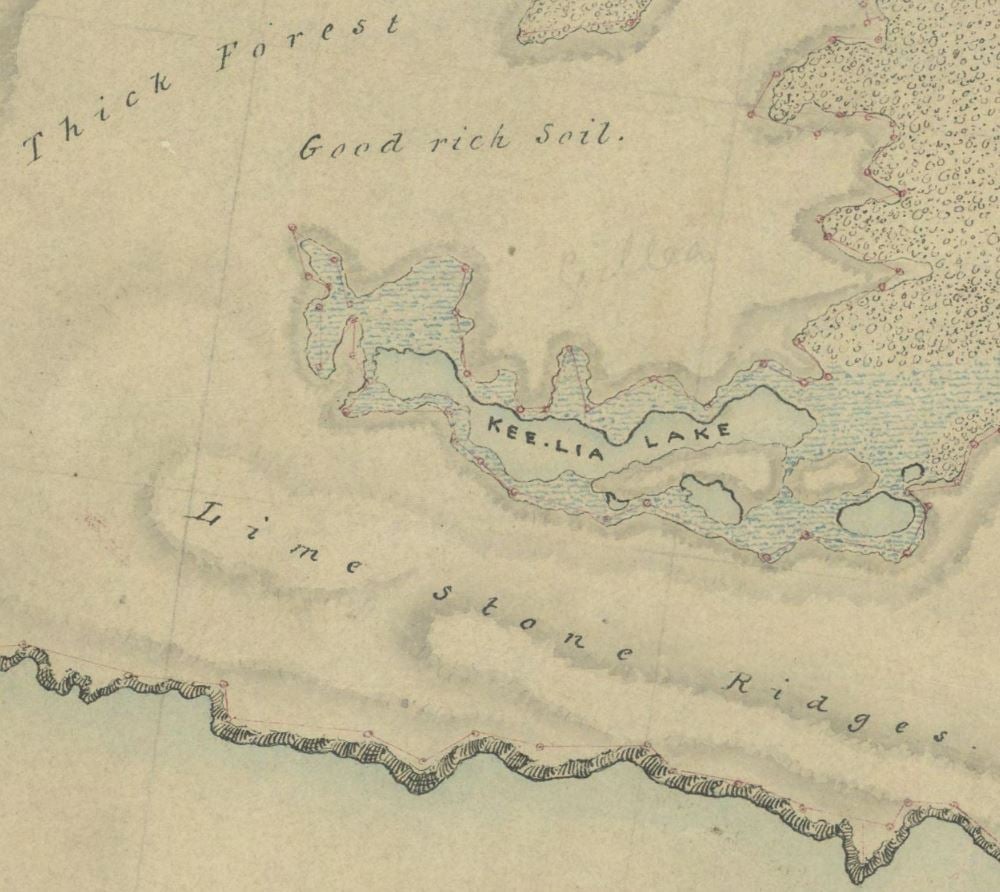 Detail from illustrated colour map shows coastal features along the stretch of coast from Hopkins River to Moonlight Head