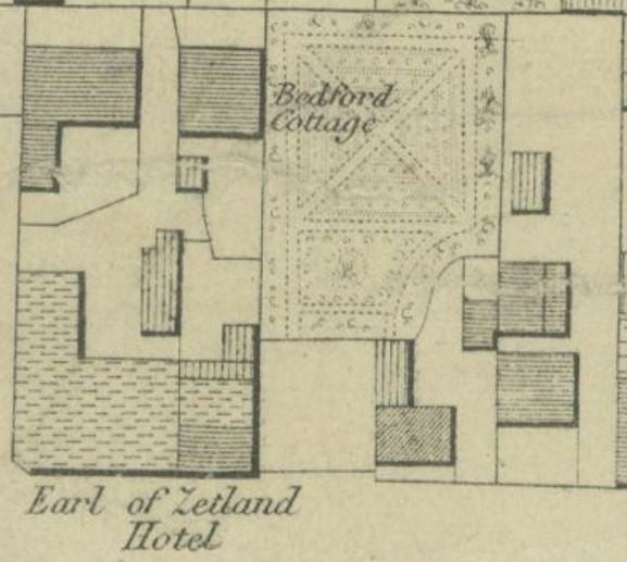 Detail from illustrated historic map shows the location of a pub named 'Earl of Zetland' Hotel, Bedford Cottage and gardens, and several out houses and other buildings
