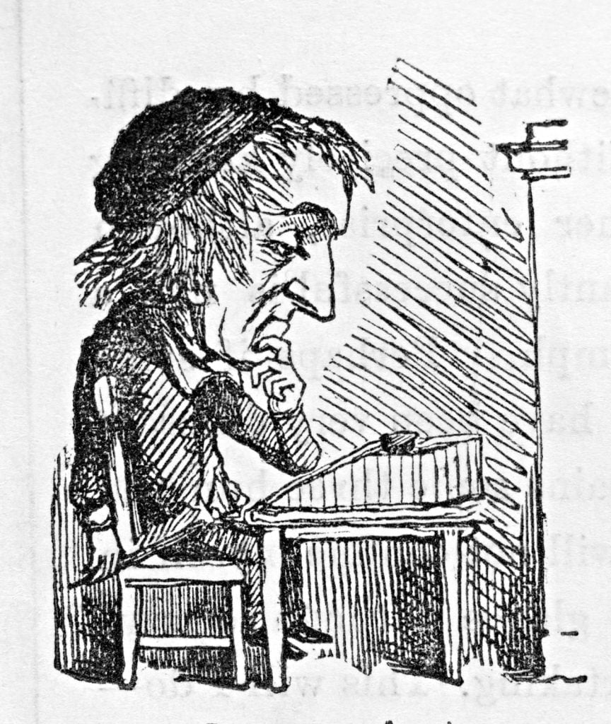 Black and white caricature of John Fawkner sitting at his desk holding a quill. 