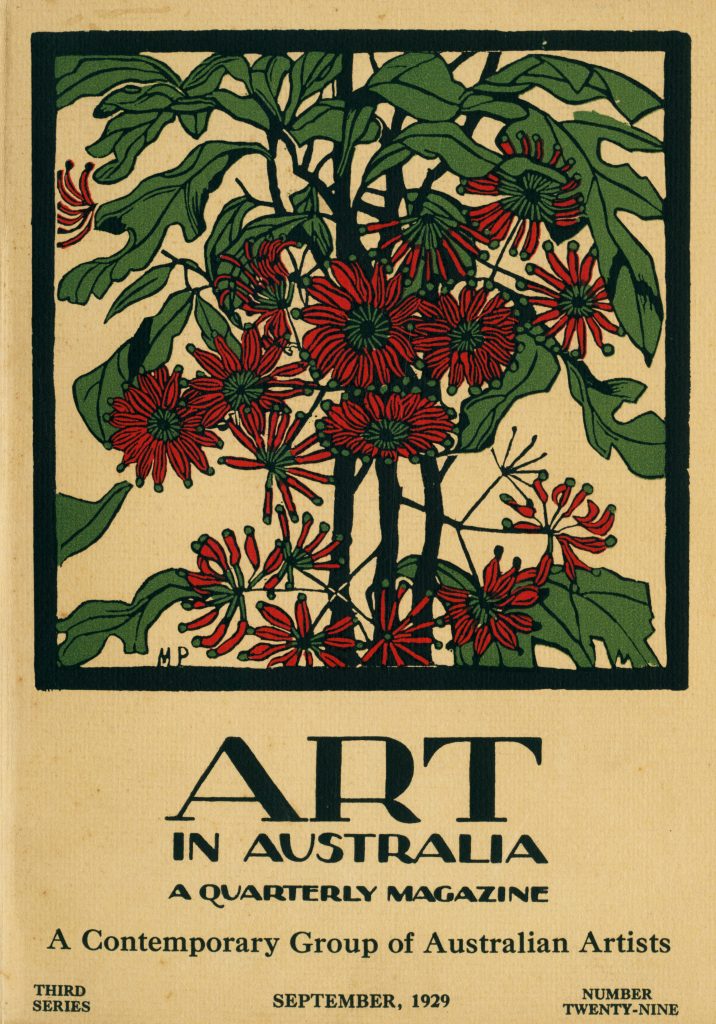 Cover of Art in Australia magazine, September 1929, with art deco text and a red and green coloured linocut depicting flowers and leaves.