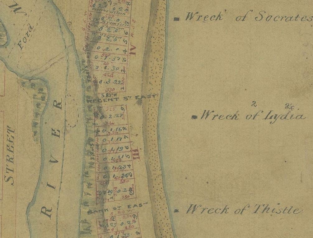 Illustrated colour historic map shows the locations of several shipwrecks off the coast of Port Fairy