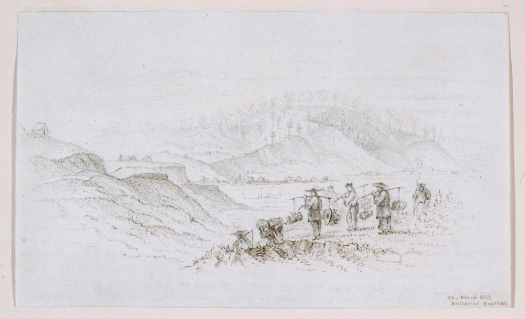 Drawing of Chines people carrying parcels on either end of poles over their shoulders, looking towards Ballarat diggings
