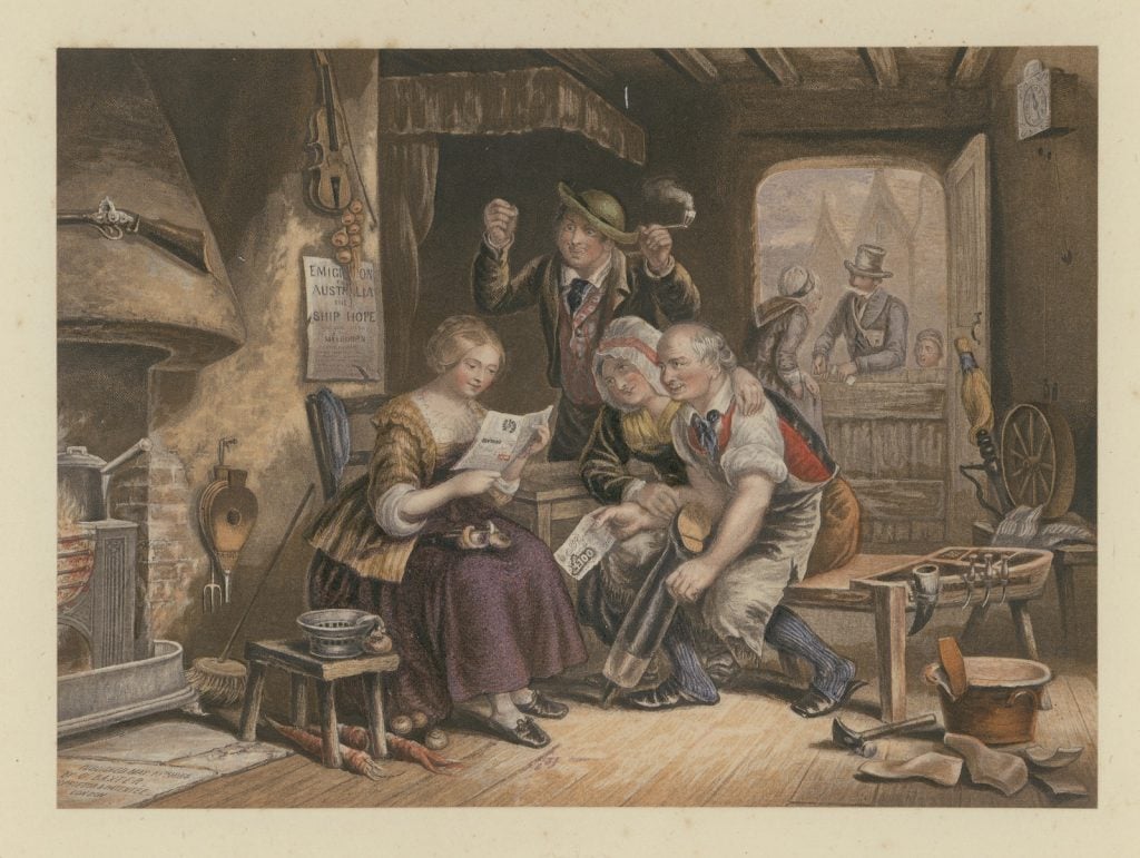 print of men and women gathered around a woman reading news of the travelers. Sitting in front of a fire with cooking implements and food around, a public house perhaps
