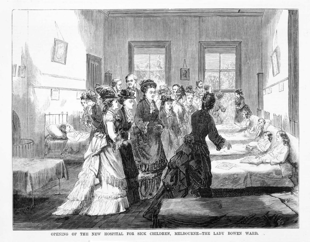 Engraving of a ward in the childrens hospital with well dressed ladies at the opening