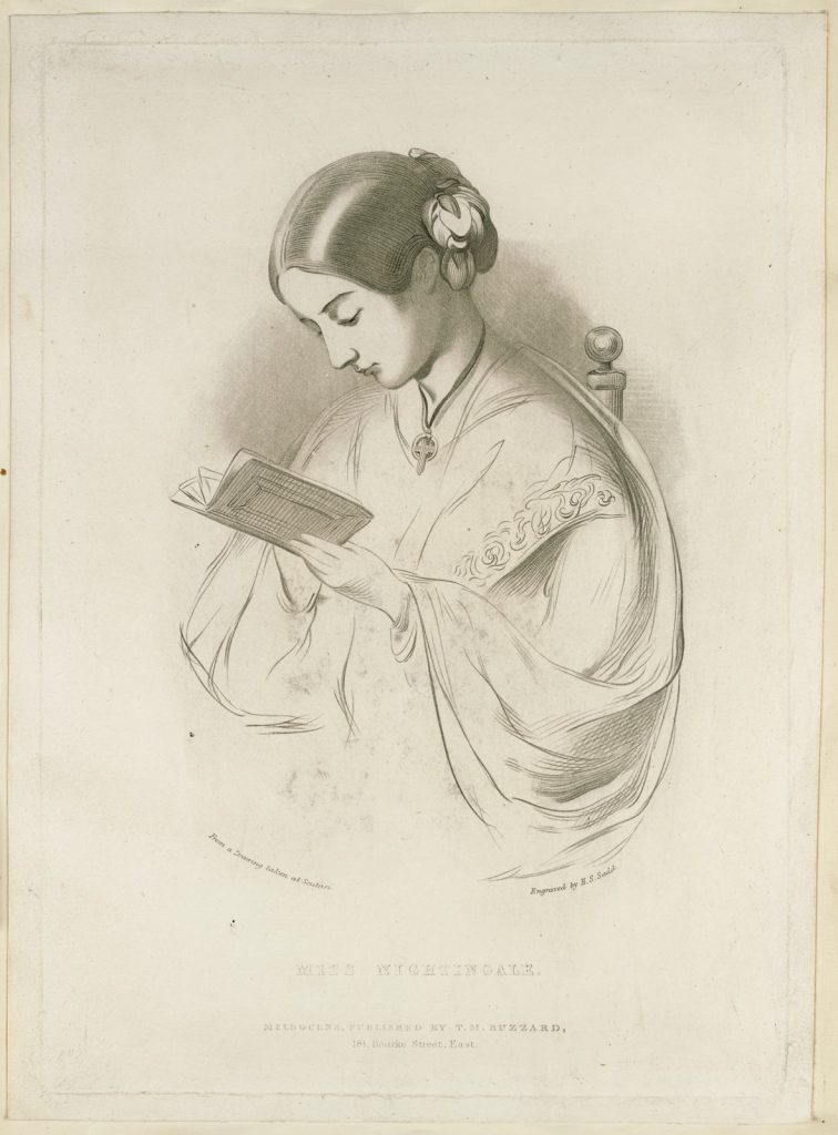 lithograth of Florence Nightingale, reading, 