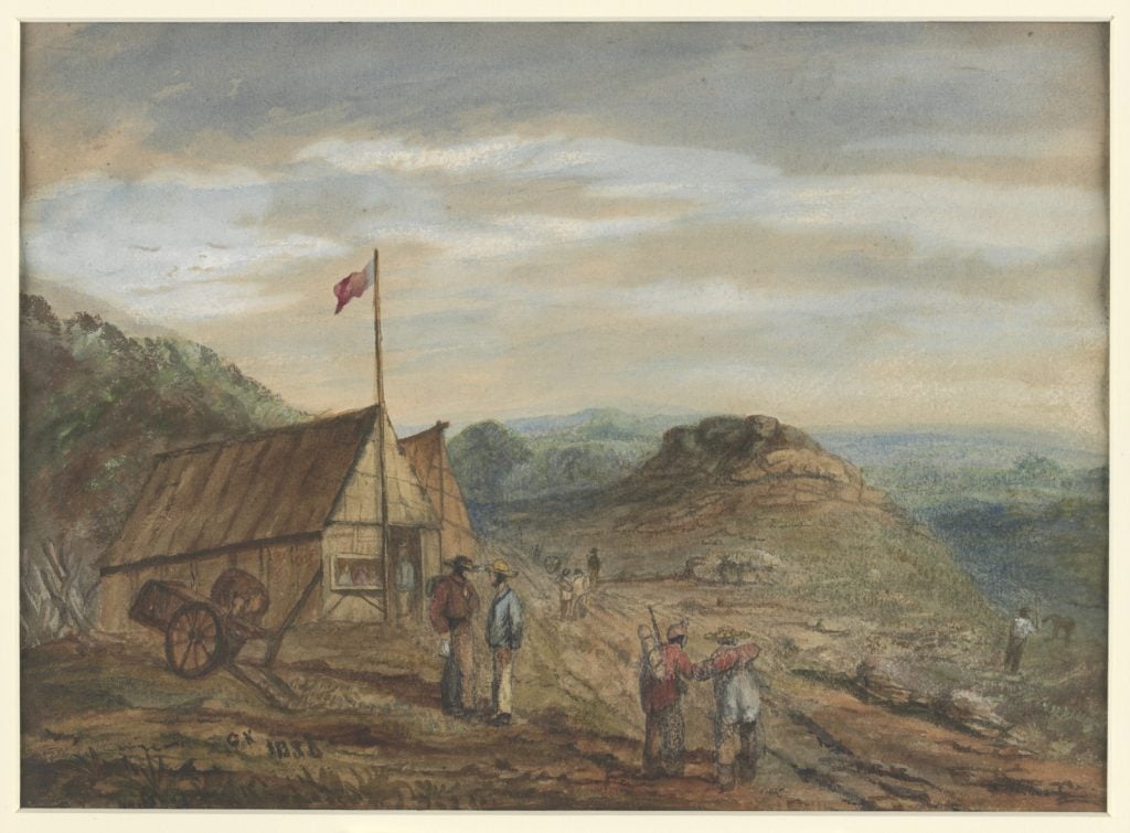 Painting of the Commissioners tent, flying the Union Jack, with people in the foreground and people in the distance heading towards the diggings
 