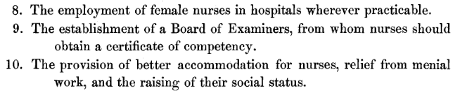Extract from report: 
8. The employment of female nurses in hospitals wherever practicable.
9. The establishment of a Board of Examiners, from whom nurses should
obtain a certificate of competency.
10. The provision of better accommodation for nurses, relief from menial work, and the raising of their social status