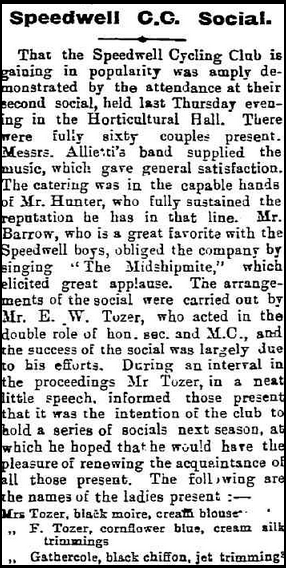 Newspaper article on a gathering of the Speedwell Cycling Club at the Horticultural Hall, with a band and catering.
