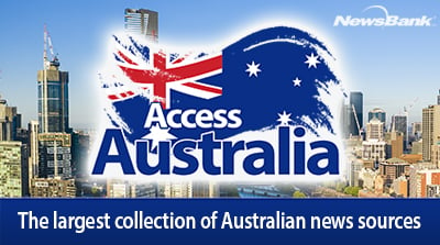 Graphic image logo for the Access Australia database, by NewsBank, subtitled 'The largest collection of Australian news sources'.