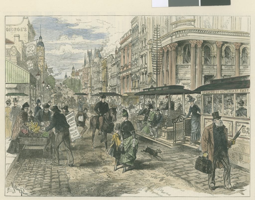 Bustling street scene in Collins Street Melbourne, including a tram, horse-drawn vehicles, horse riders, cart on side of road selling fruit and vegetables, pedestrians, and buildings with signage, including George's.