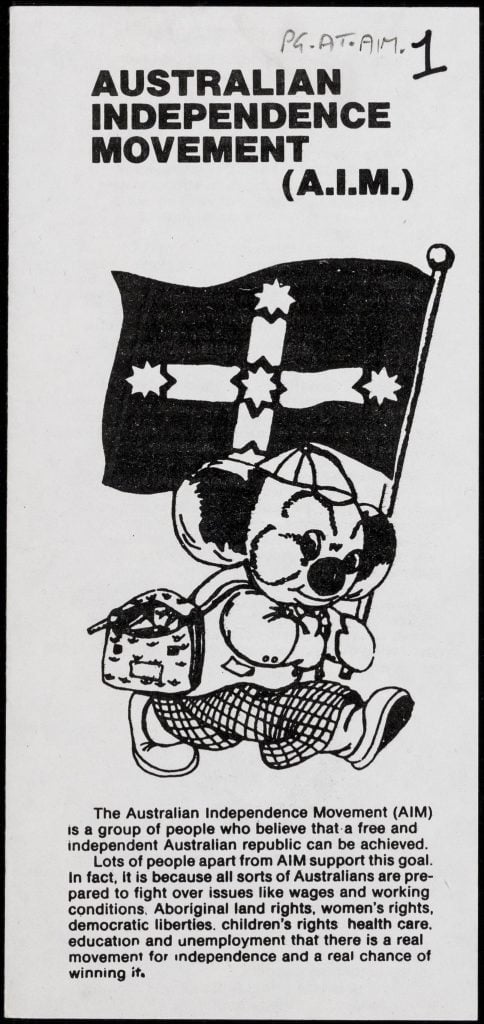 Images shows front page of Australian Independence Movement (AIM) leaflet depicting cartoon koala holding Eureka flag. 
