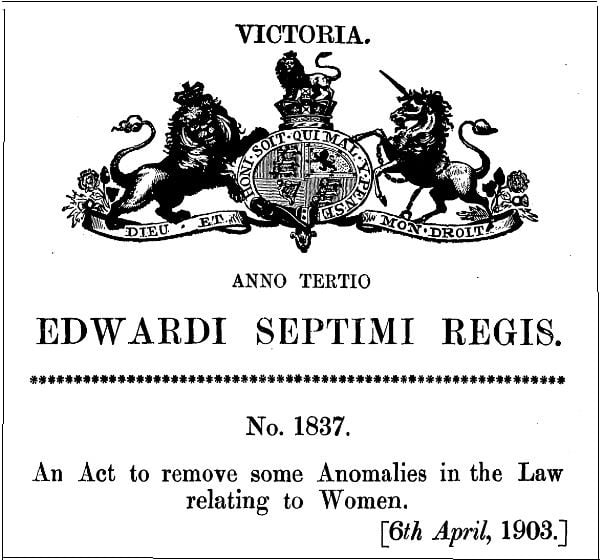Details from the Flos Greig Enabling Act, including Victoria's coat of arms and the words: 'Anno Tertio Edwardi Septimi Regis No. 1837. An Act to remove some Anomalies in the Law relating to Women'