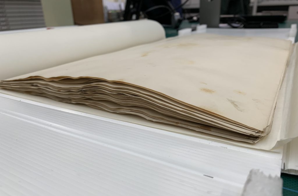 A stack of folio sheets inside a white Corflute folder
