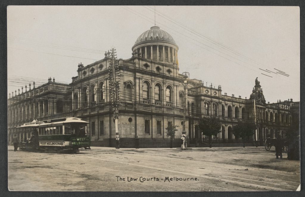 Postcard image of the Supreme Court building on the corner of William and Lonsdale Streets, Melbourne