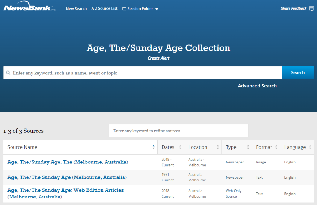 Screenshot of the Age/Sunday Age Collection in NewsBank Access Australia. There are three sources listed.