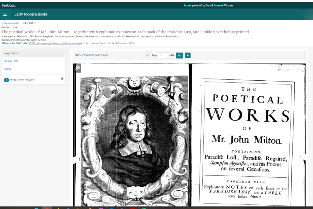 Image of a search result page from  'Early modern books' featuring the frontispiece from 'The poetical works of John Milton', 1985.