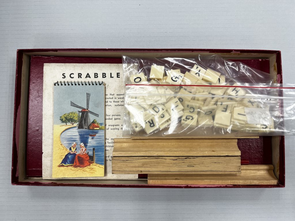 Vintage game of Scrabble with the lid off to reveal the contents