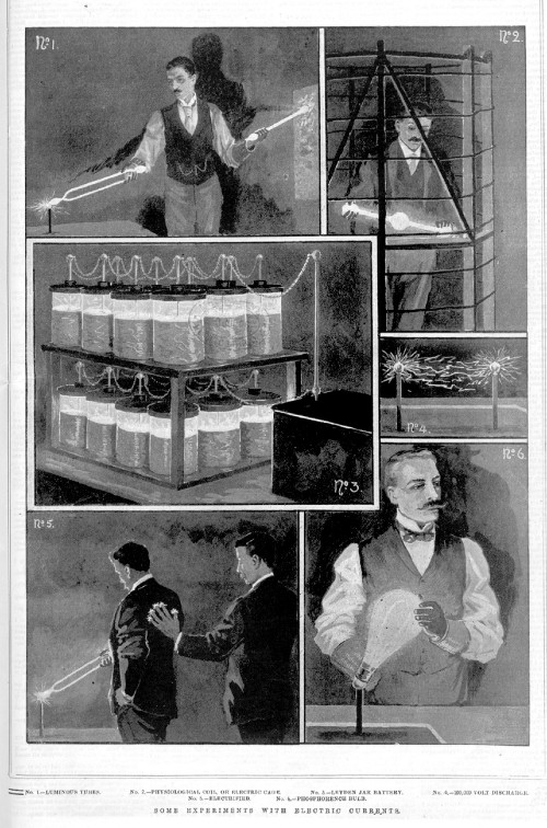 Black and white illustrations of a man wearing a shirt, best and boe tiw doing various experiments with electric currents.