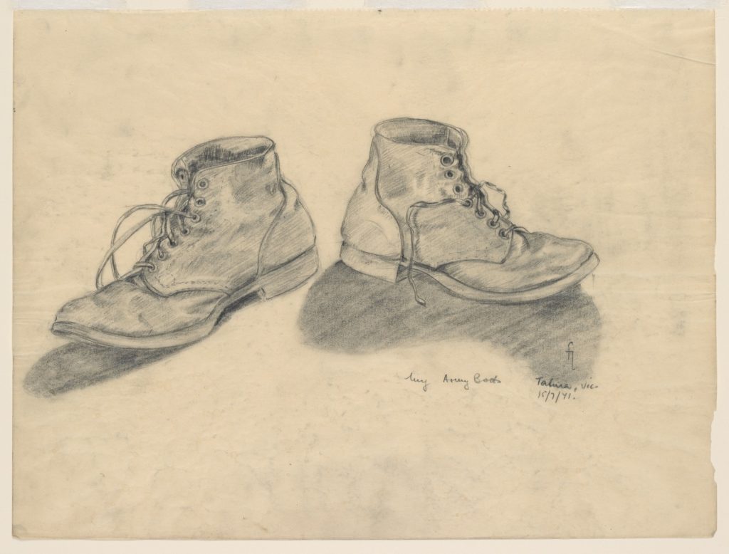 drawing of a pair of army boots, laces partially unthreaded