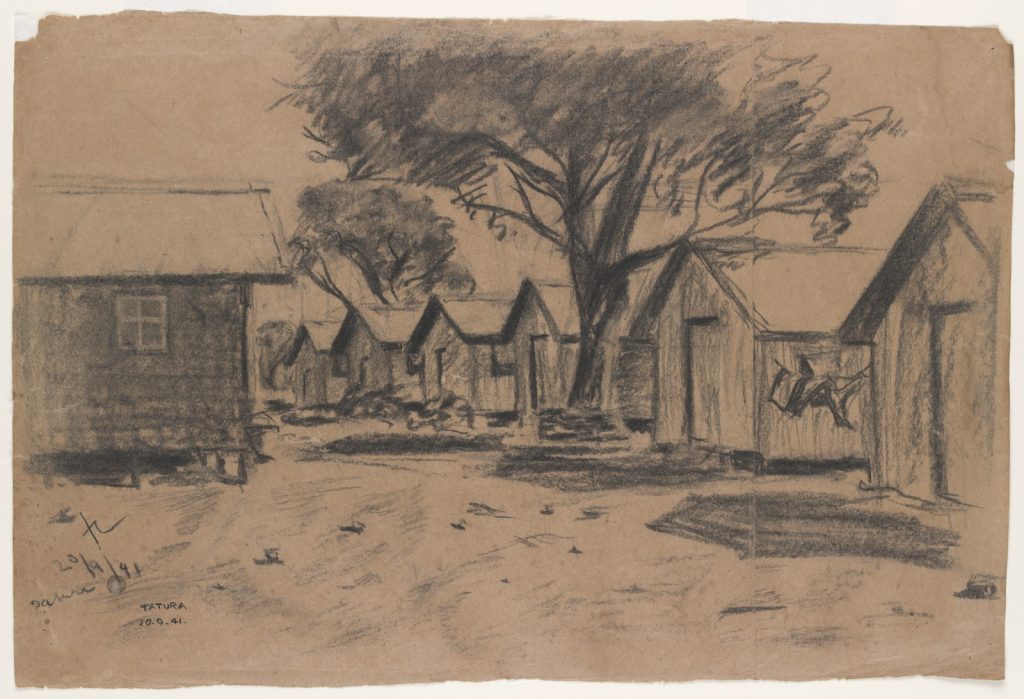 View of camp huts, Tatura, with washing lines strung between the huts, a large shady tree in the middle of the image
