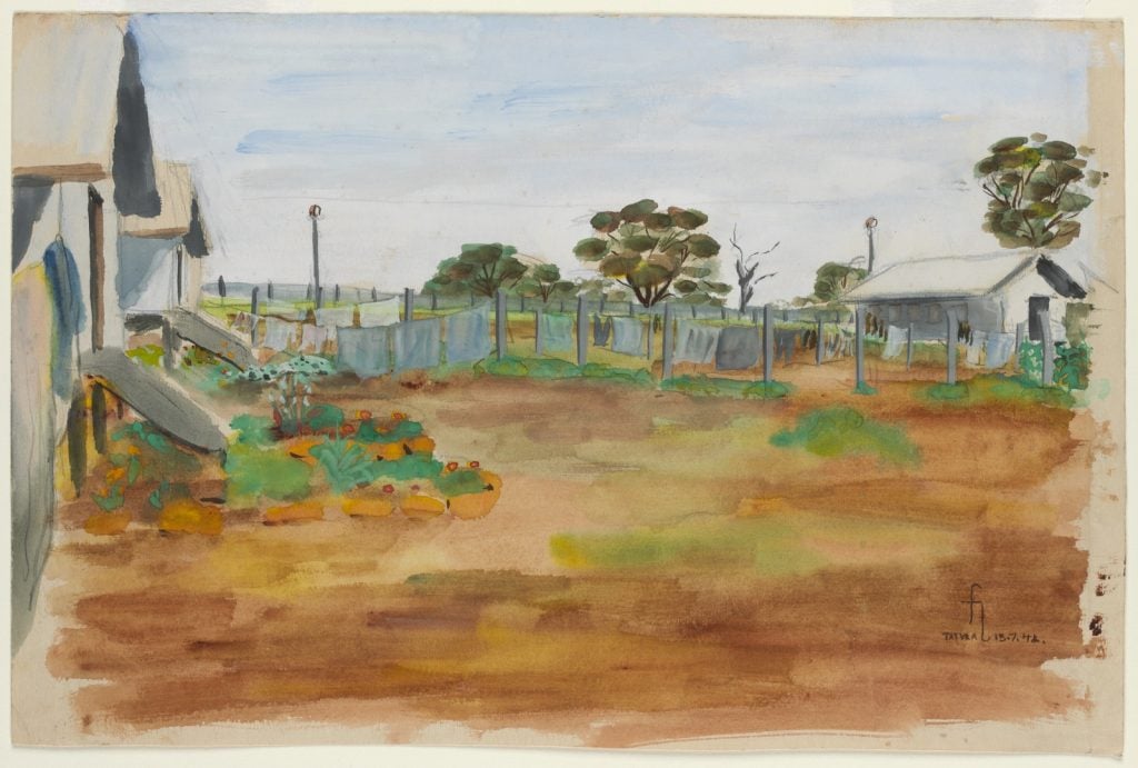 Coloured watercolour painting of the huts, washing lines with sheets drying, and some small gardens planted in front of the huts, pale blue sky and scattered trees.