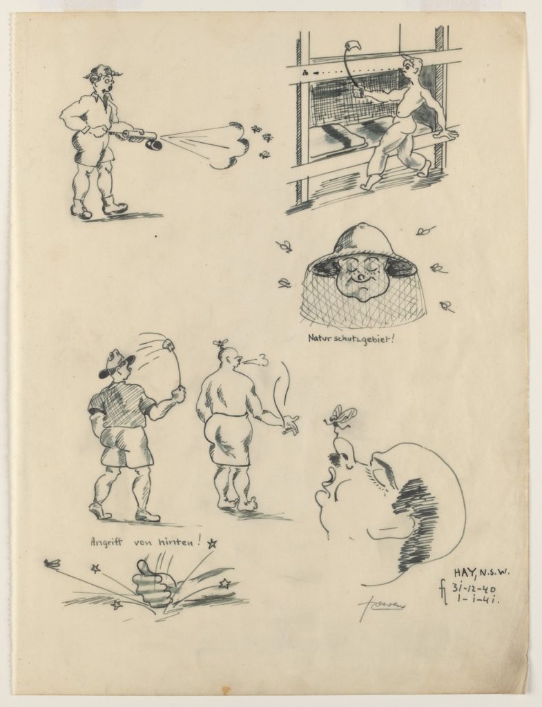 sketch drawings showing the ways people dealt with flies - swats, nets on hats, sprays.