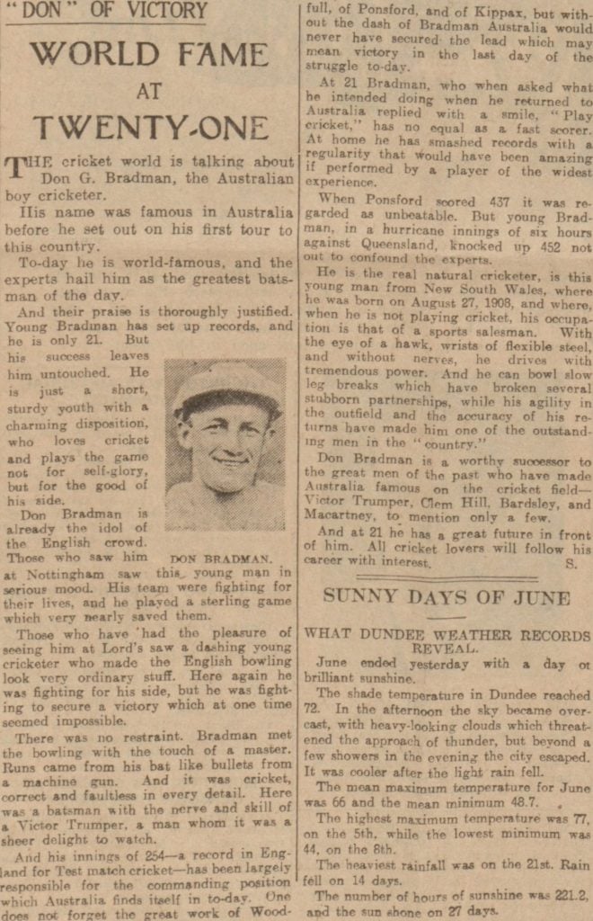 Screenshot of the Dundee Courier, featuring an article on Donald Bradman.