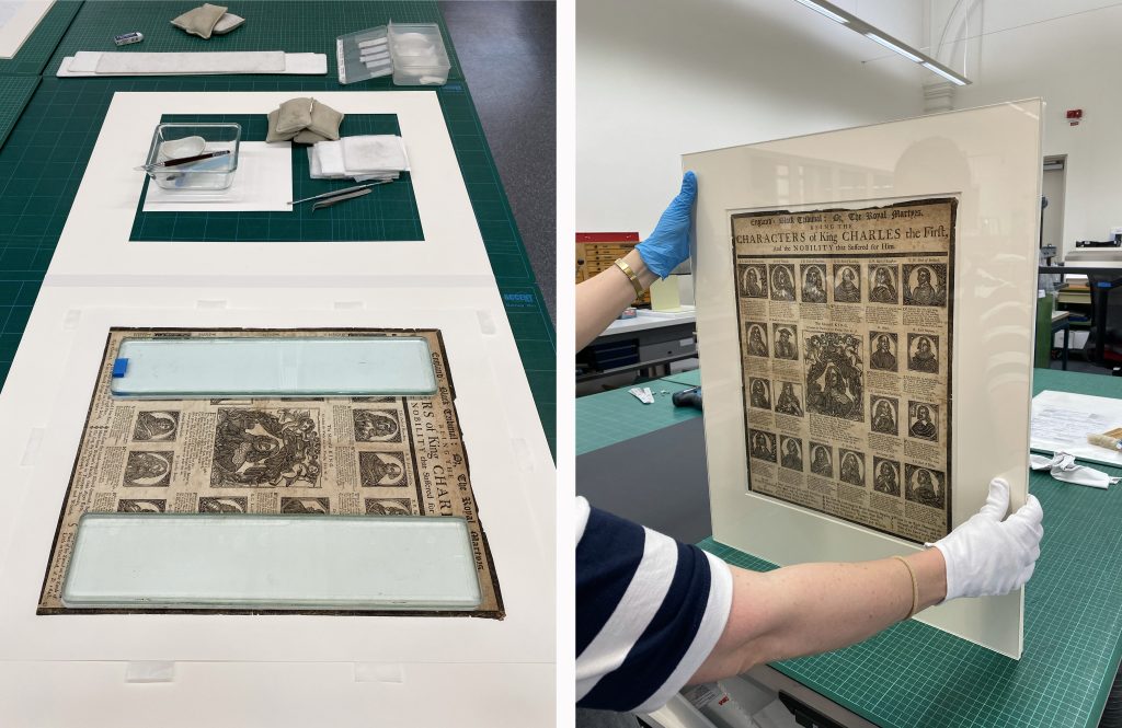 Left: Mounting the inlaid broadside. Right: Framing for exhibition in World of the Book. 