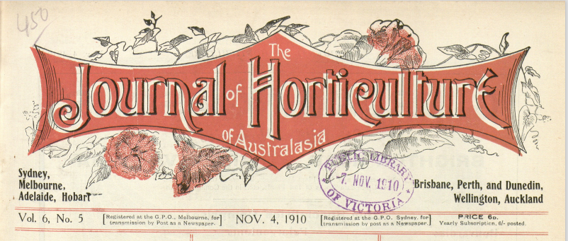 image of the mast head of the journal of horticulture of australisia. the title higlighted in red and surrounded by line drawings of flowers and vines