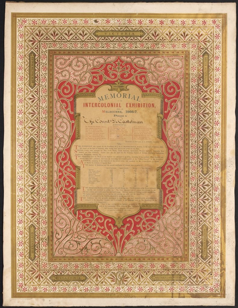 ornate document with vital statistics of the exhibition - attendance, exhibits, money made, list of commissioners