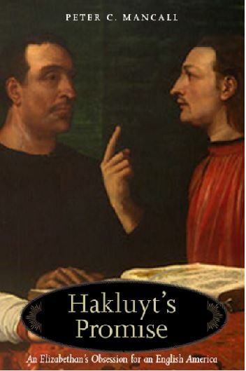 Cover of the book Hakluyt's Promise, showing two men in discussion over an open book