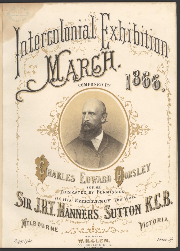 cover of sheet music for intercolonial exhibition including a portrait of Charles Horsley composer