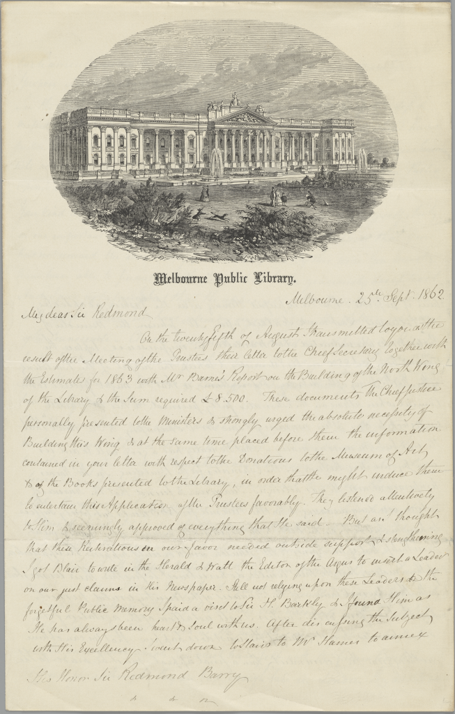 First page of Augustus Tulk's letter to Sir Redmond Barry dated 25 September 1862. The letter is on Melbourne Public Library letterhead with a sketch of the Library entrance and foreground with trees and people within a circular shape above the text.